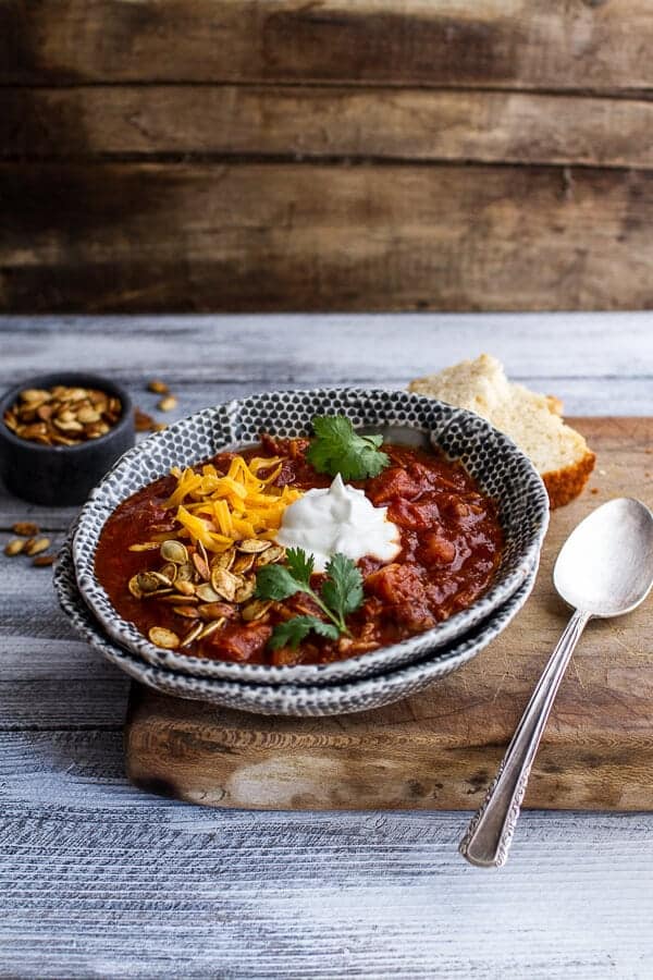 Crockpot Chipotle Pulled Pork Pumpkin Chili w/Cinnamon Roasted Pumpkin Seeds | halfbakedharvest.com @hbharvest