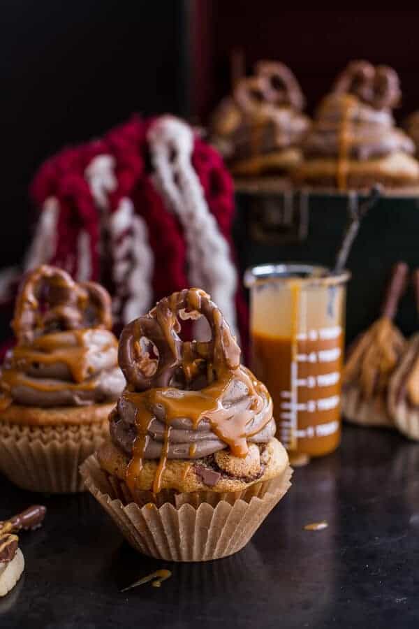 Death By Butterbeer Cupcakes w/Treacle Butter Frosting + Chocolate Covered Pretzels | halfbakedharvest.com @hbharvest