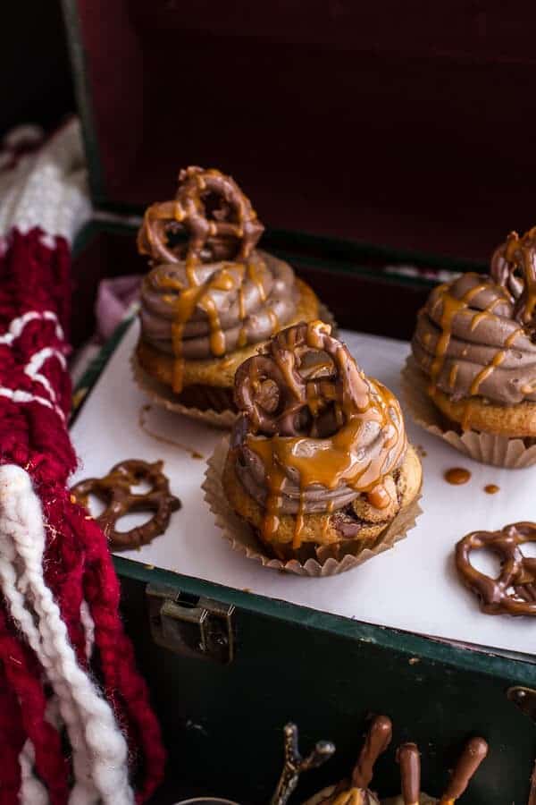 Death By Butterbeer Cupcakes w/Treacle Butter Frosting + Chocolate Covered Pretzels | halfbakedharvest.com @hbharvest
