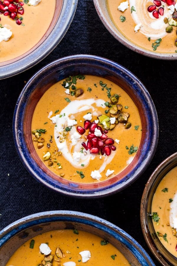 Moroccan Butternut Squash and Goat Cheese Soup w/Coconut Ginger Cream + Pistachios | halfbakedharvest.com @hbharvest