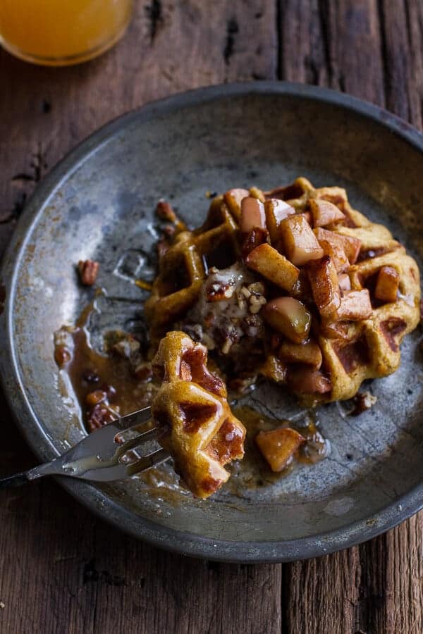 Overnight Cider Pumpkin Waffles w/Toasted Pecan Butter, Cider Syrup + Spiced Apples | halfbakedharvest.com @hbharvest