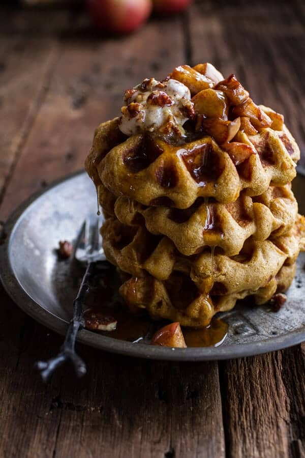 Overnight Cider Pumpkin Waffles w/Toasted Pecan Butter, Cider Syrup + Spiced Apples | halfbakedharvest.com @hbharvest