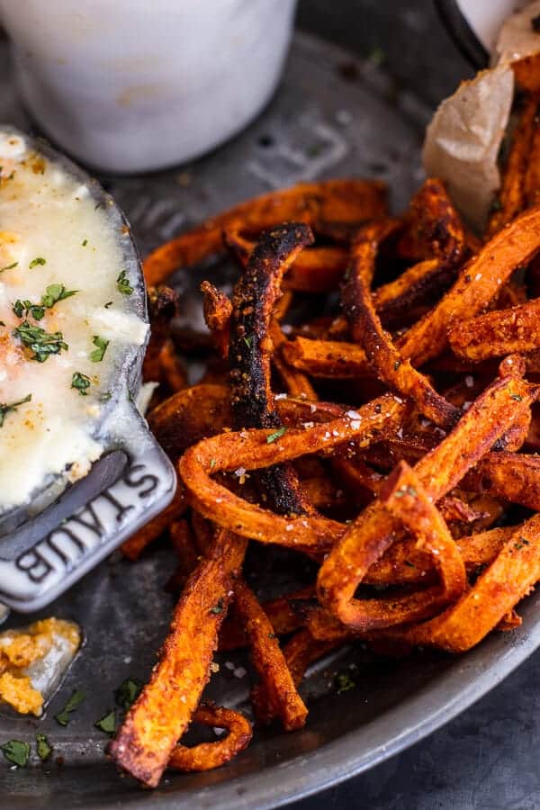 Skinny Tandoori Butter Sweet Potato Fries w/Creamy Baked Harissa Feta | halfbakedharvest.com @hbharvest