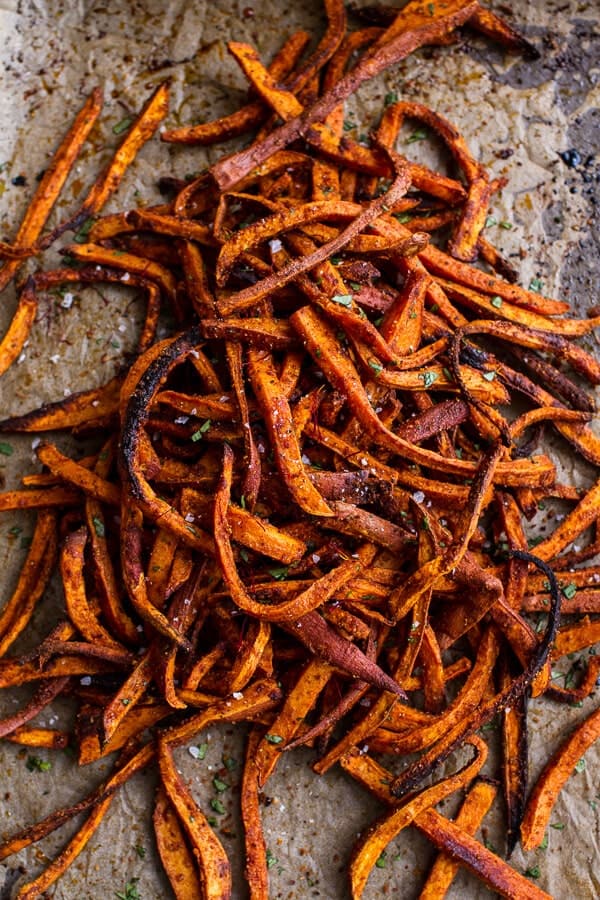 Skinny Tandoori Butter Sweet Potato Fries w/Creamy Baked Harissa Feta | halfbakedharvest.com @hbharvest