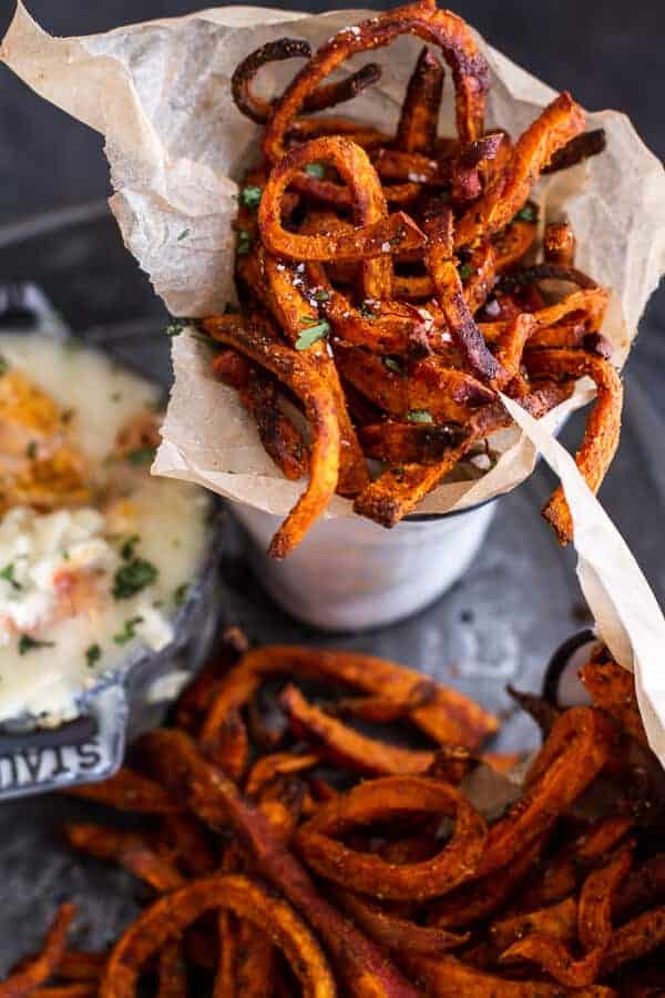 Skinny Tandoori Butter Sweet Potato Fries w/Creamy Baked Harissa Feta | halfbakedharvest.com @hbharvest