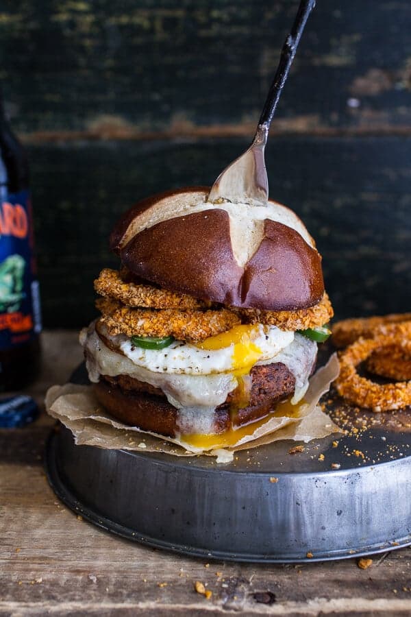 Sweet Potato Black Bean Chili Burgers w/Baked Cheddar Beer Onion Rings + Fried Egg | halfbakedharvest.com @hbharvest