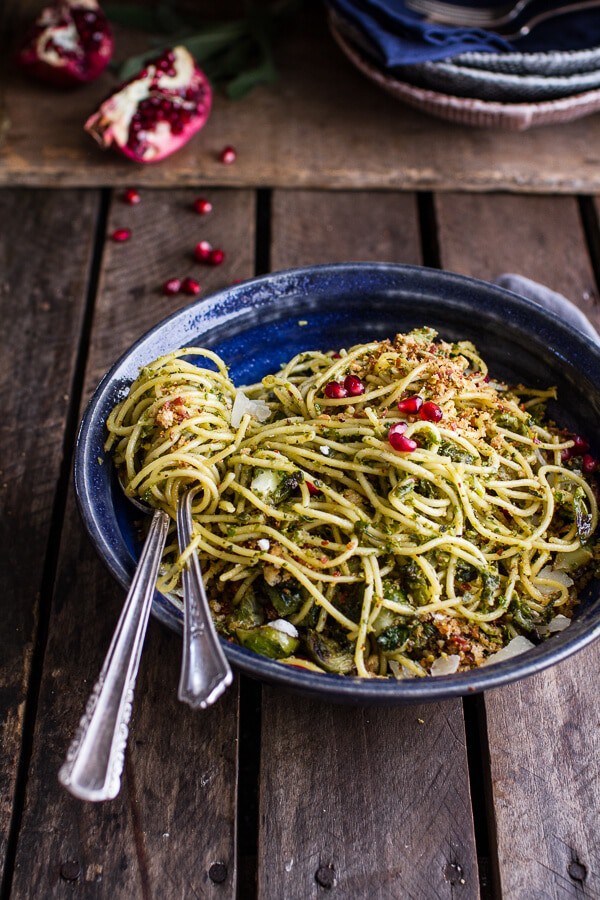 Manchego Brussels Sprout + Prosciutto Spaghetti w/Brown Butter Pistachio Pangrattato | halfbakedharvest.com @hbharvest