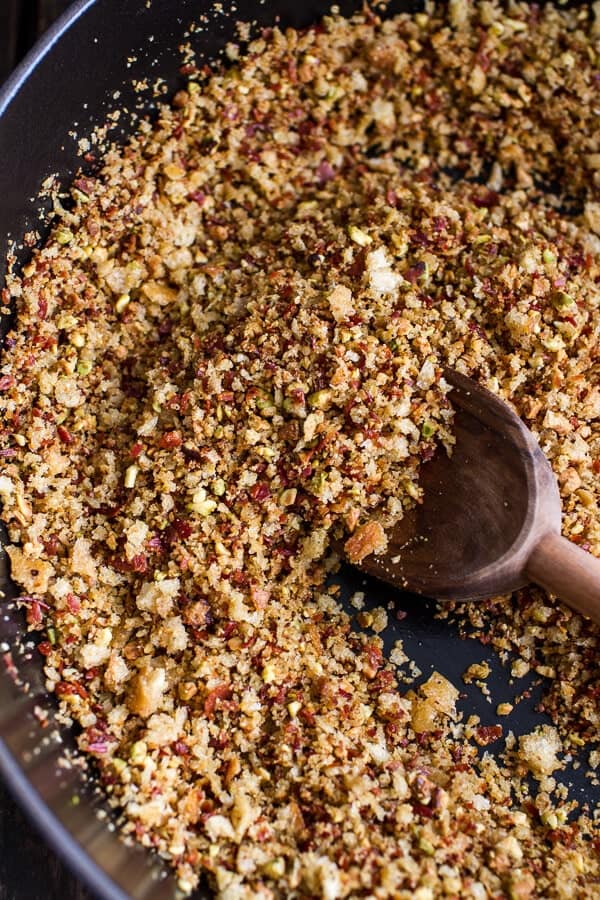 Manchego Brussels Sprout + Prosciutto Spaghetti w/Brown Butter Pistachio Pangrattato | halfbakedharvest.com @hbharvest