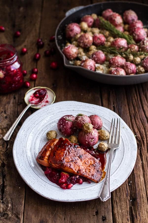 Maple Bourbon Glazed Salmon w/Sweet Cranberry Chutney + Salt Roasted Potatoes | halfbakedharvest.com @hbharvest