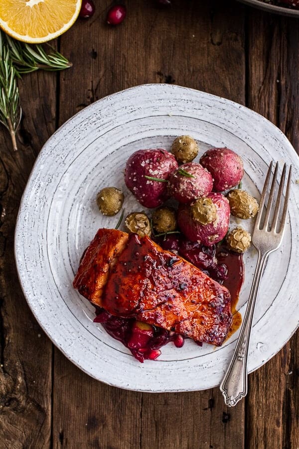 Maple Bourbon Glazed Salmon w/Sweet Cranberry Chutney + Salt Roasted Potatoes | halfbakedharvest.com @hbharvest