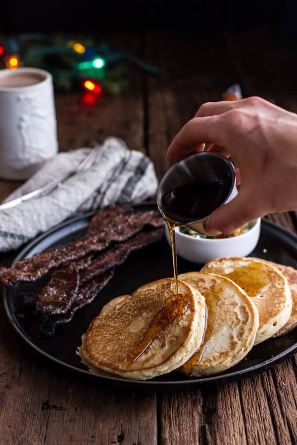 Breakfast for Dinner w/Buttermilk Ricotta Pancakes with Maple Candied Bacon + Eggs | halfbakedharvest.com @hbharvest