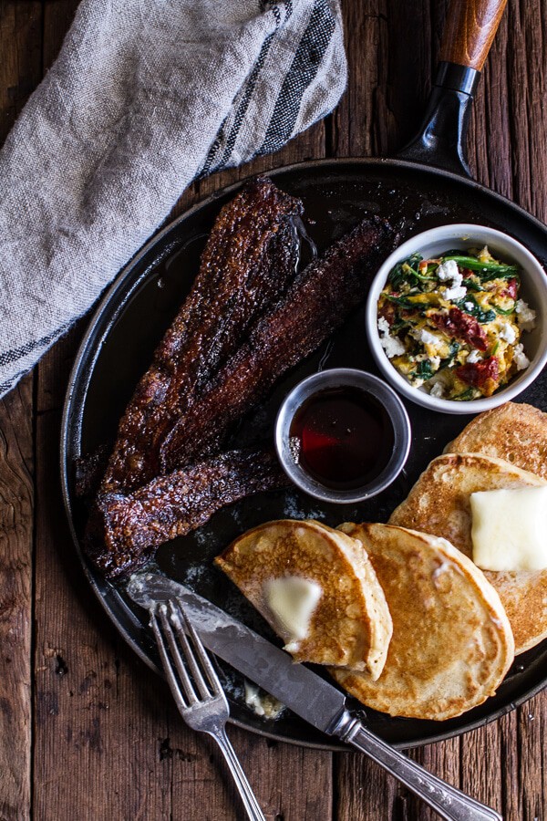 Breakfast for Dinner w/Buttermilk Ricotta Pancakes with Maple Candied Bacon + Eggs | halfbakedharvest.com @hbharvest