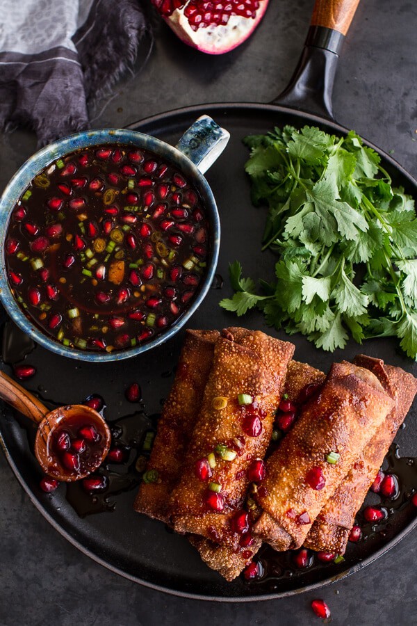 Chinese Chicken and Brussels Sprouts Egg Rolls with Sweet Chile Pomegranate Sauce | halfbakedharvest.com @hbharvest