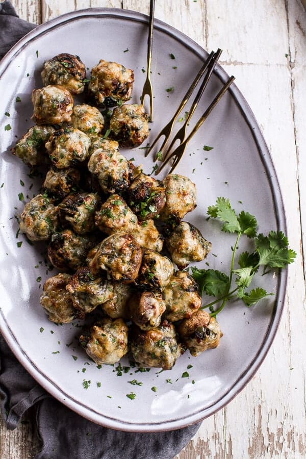 Spicy Fontina Spinach, Artichoke and Chorizo Stuffed Mushrooms | halfbakedharvest.com @hbharvest