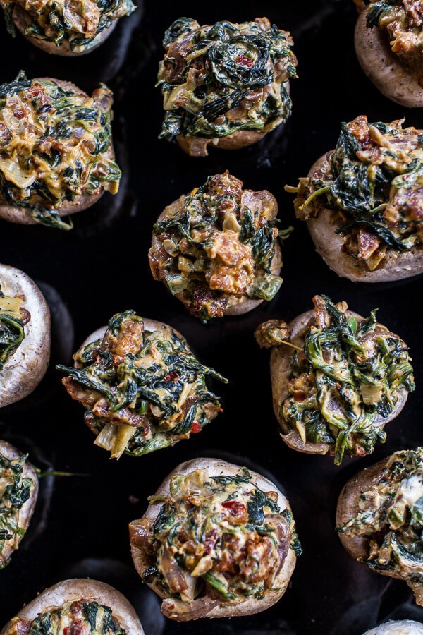 Spicy Fontina Spinach, Artichoke and Chorizo Stuffed Mushrooms | halfbakedharvest.com @hbharvest