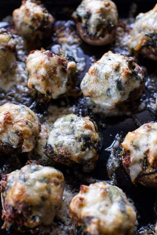 Spicy Fontina Spinach, Artichoke and Chorizo Stuffed Mushrooms | halfbakedharvest.com @hbharvest