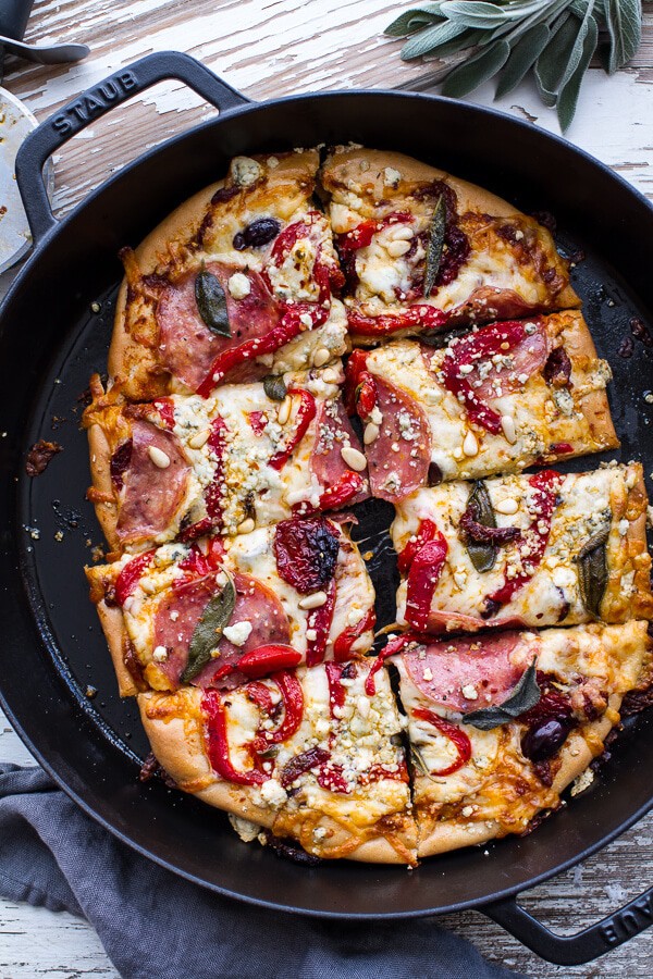 Sun-Dried Tomato and Olive Pesto Pizza with Salami + Roasted Red Peppers | halfbakedharvest.com @hbharvest