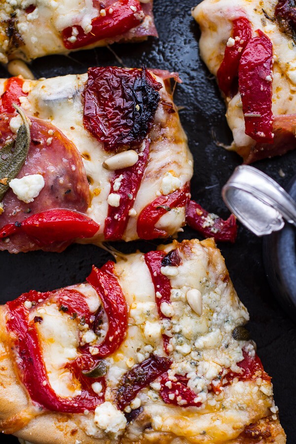 Sun-Dried Tomato and Olive Pesto Pizza with Salami + Roasted Red Peppers | halfbakedharvest.com @hbharvest