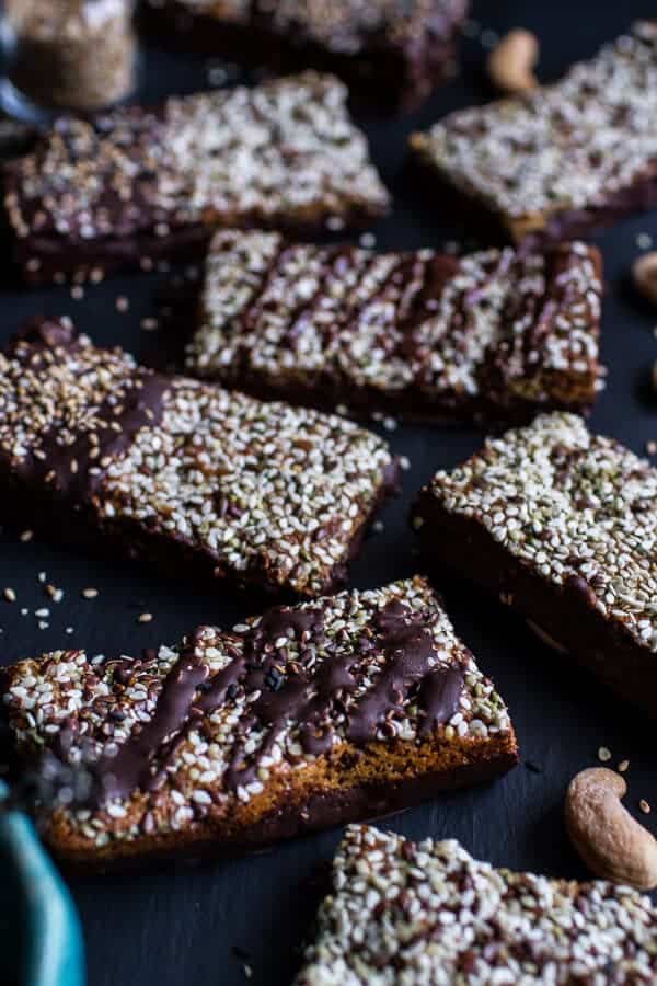 Dark Chocolate Dipped Crunchy Coconut Cashew Sesame Bars | halfbakedharvest.com @hbharvest