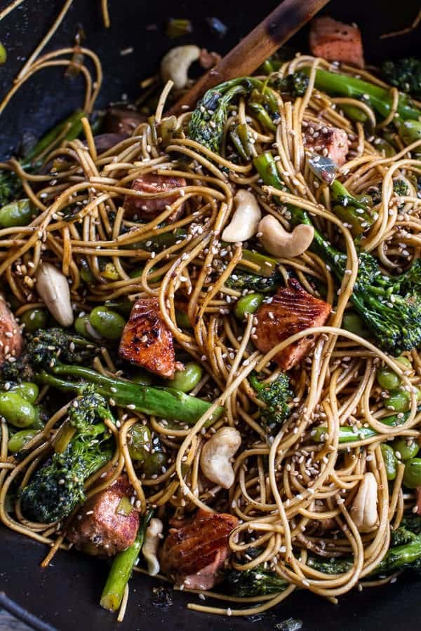 Sake and Ginger Soba Noodle Salmon Stir Fry | @hbharvest