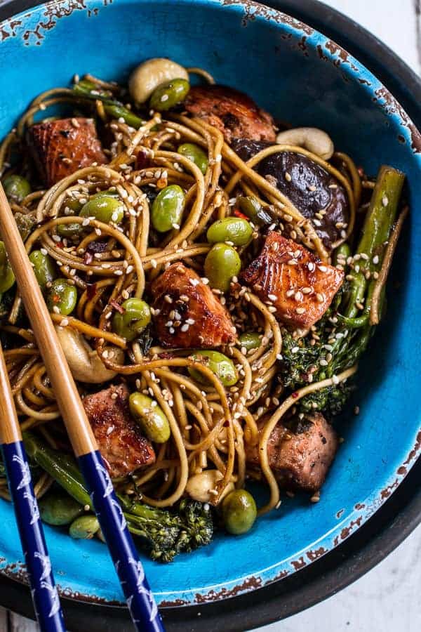 Sake and Ginger Soba Noodle Salmon Stir Fry | @hbharvest