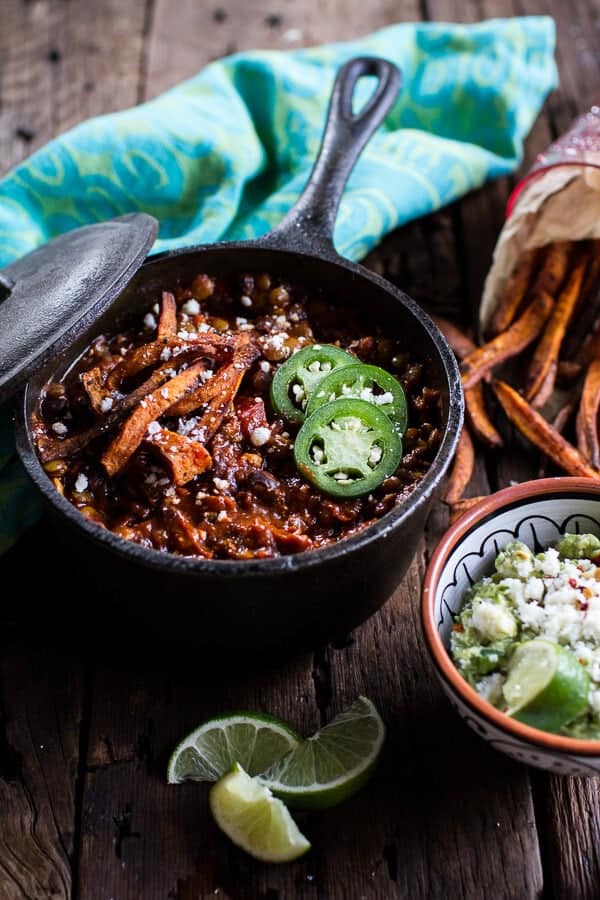 Spicy Black Bean and Lentil Chili with Cotija Guacamole + Chipotle Sweet Potato Fries | halfbakedharvest.com @hbharvest