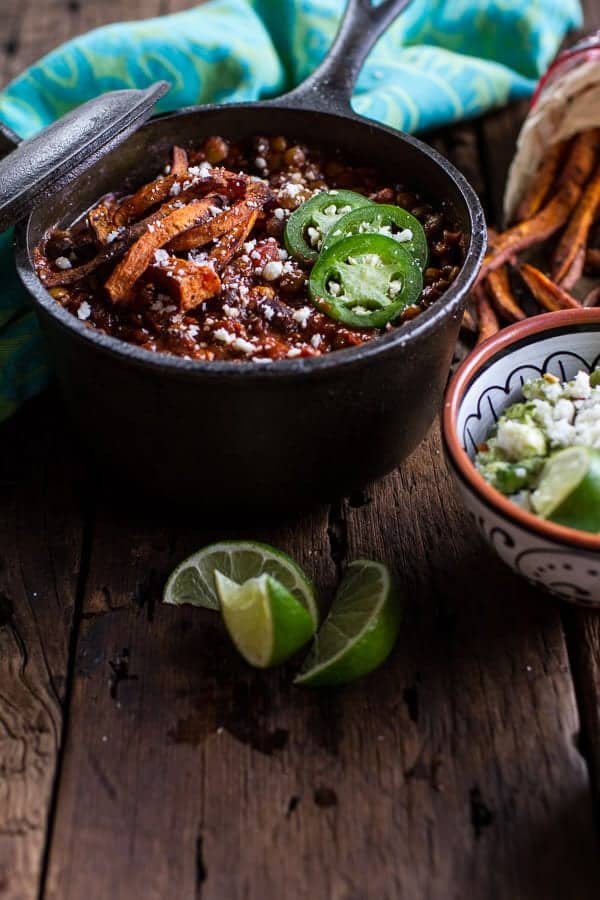 Spicy Black Bean and Lentil Chili with Cotija Guacamole + Chipotle Sweet Potato Fries | halfbakedharvest.com @hbharvest