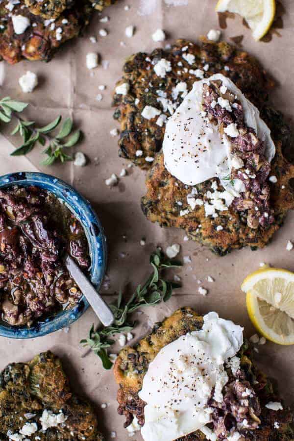 Greek Feta Chickpea Pancake Fritters with Poached Eggs + Olive Tapenade | halfbakedharvest.com @hbharvest