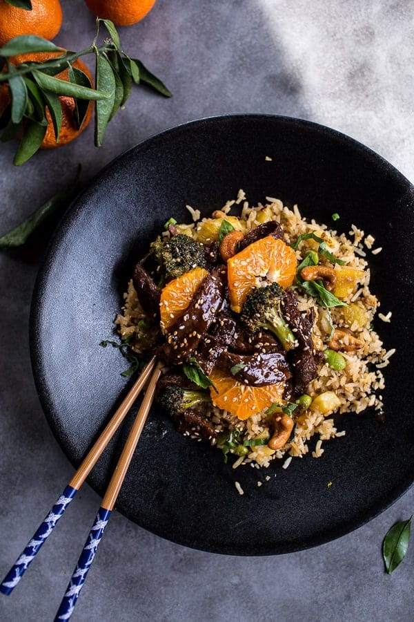 Orange Teriyaki Beef with Pineapple Edamame Fried Rice | halfbakedharvest.com @hbharvest
