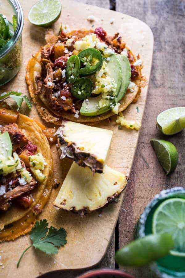 Pineapple Chicken Tinga Quesadilla Tostadas with Tequila Lime Pickled Jalapeño's | halfbakedharvest.com @hbharvest