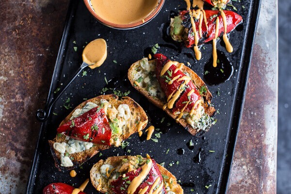 Cheesy Avocado Crab Stuffed Piquillo Pepper Ciabatta Pizzette’s with Sriracha Aioli | halfbakedharvest.com @hbharvest