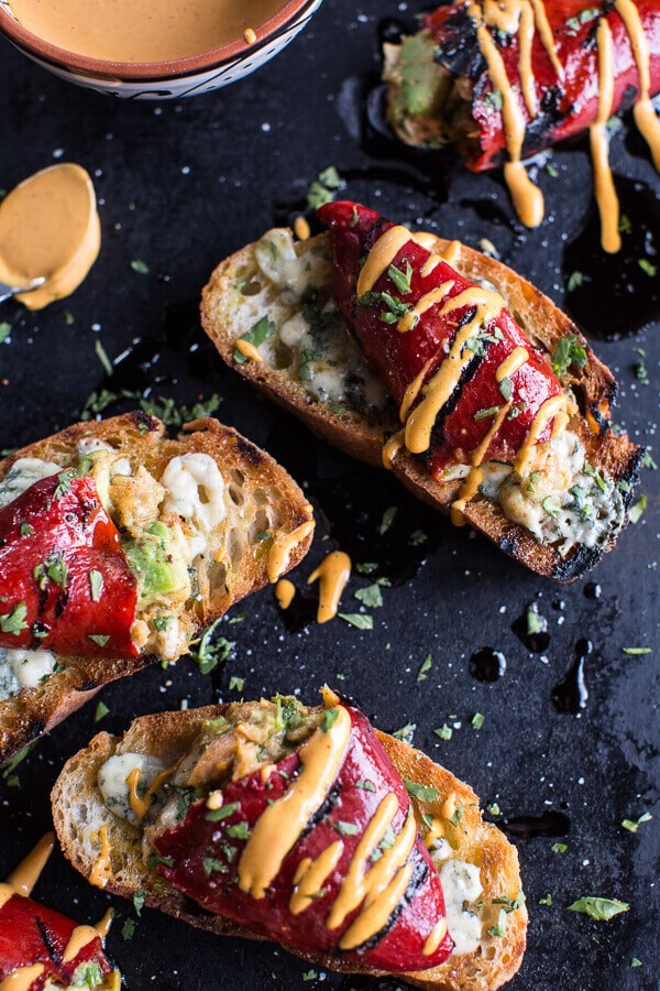Cheesy Avocado Crab Stuffed Piquillo Pepper Ciabatta Pizzette’s with Sriracha Aioli | halfbakedharvest.com @hbharvest