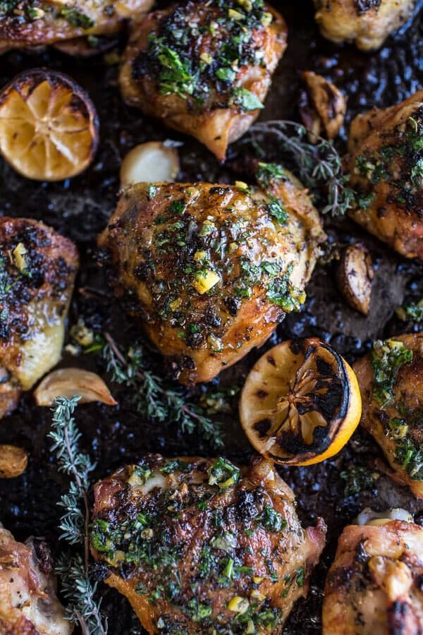 Garlic Butter Roasted Chicken Thighs with Charred Lemon Salsa Verde + Asparagus | halfbakedharvest.com @hbharvest