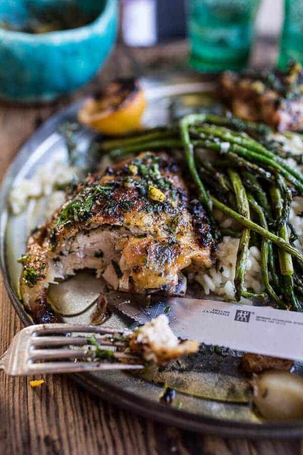 Garlic Butter Roasted Chicken Thighs with Charred Lemon Salsa Verde + Asparagus | halfbakedharvest.com @hbharvest