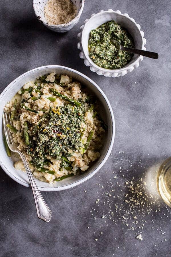 Quick Cauliflower “Risotto” with Asparagus + Cilantro-Basil Hemp Seed Pesto | halfbakedharvest.com @hbharvest