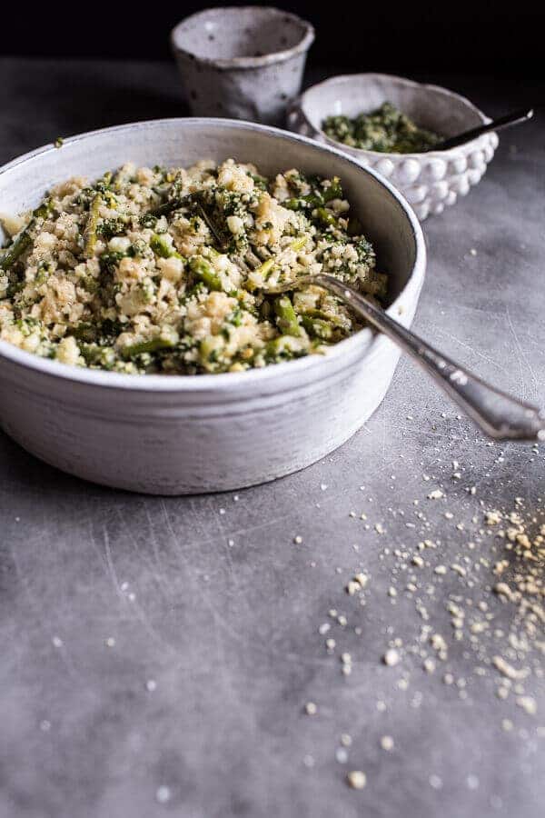 Quick Cauliflower “Risotto” with Asparagus + Cilantro-Basil Hemp Seed Pesto | halfbakedharvest.com @hbharvest