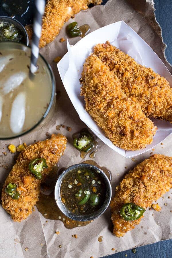 Cheddar Cornbread Chicken Fingers with Jalapeño Honey Butter | halfbakedharvest.com @hbharvest