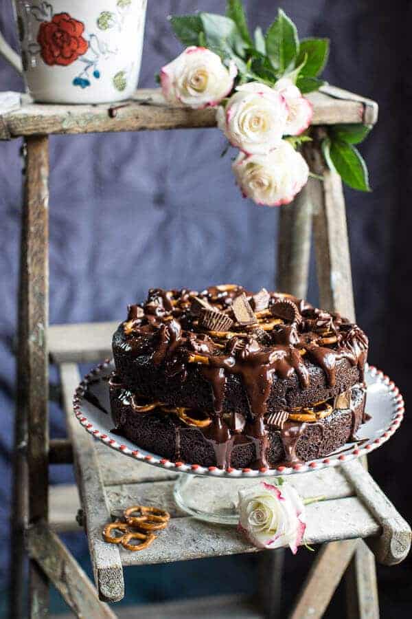 Fudgy One-Bowl Chocolate Peanut Butter Cup Pretzel Cake | halfbakedharvest.com @hbharvest