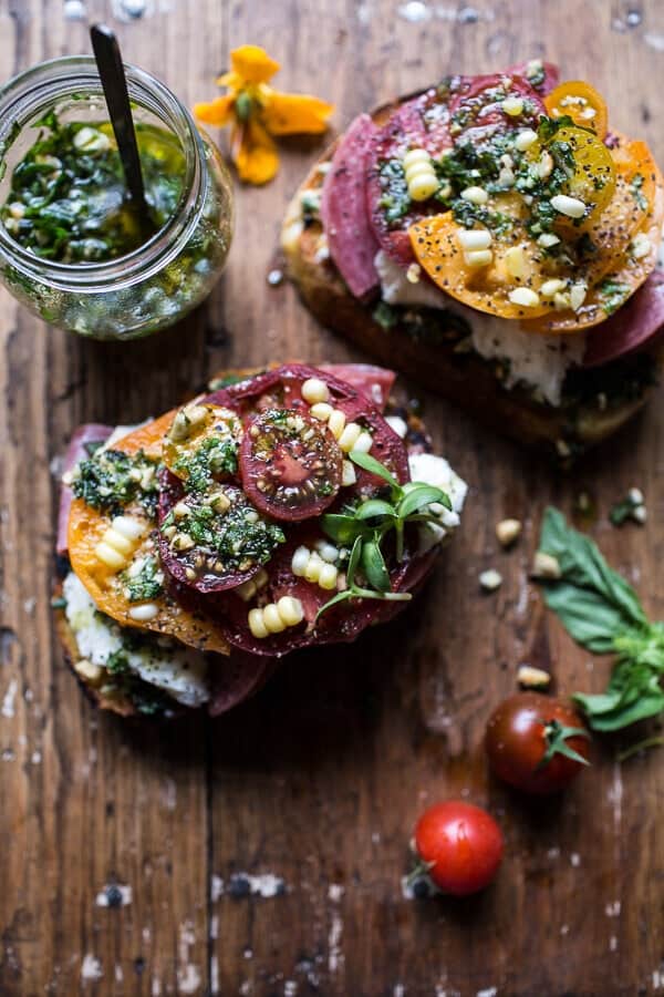 Tomato, Salami and Chunky Arugula-Basil Pesto Bruschetta | halfbakedharvest.com @hbharvest