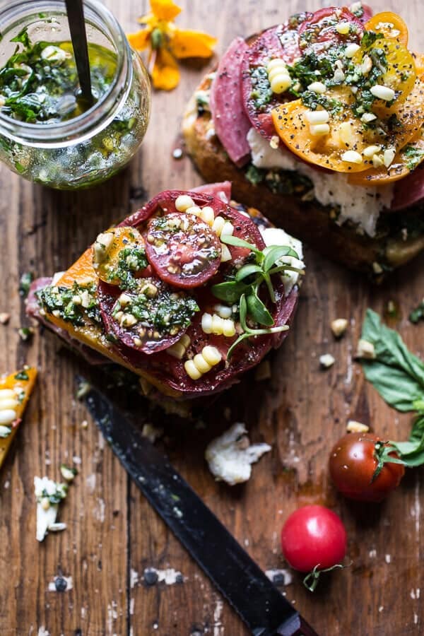 Tomato, Salami and Chunky Arugula-Basil Pesto Bruschetta | halfbakedharvest.com @hbharvest