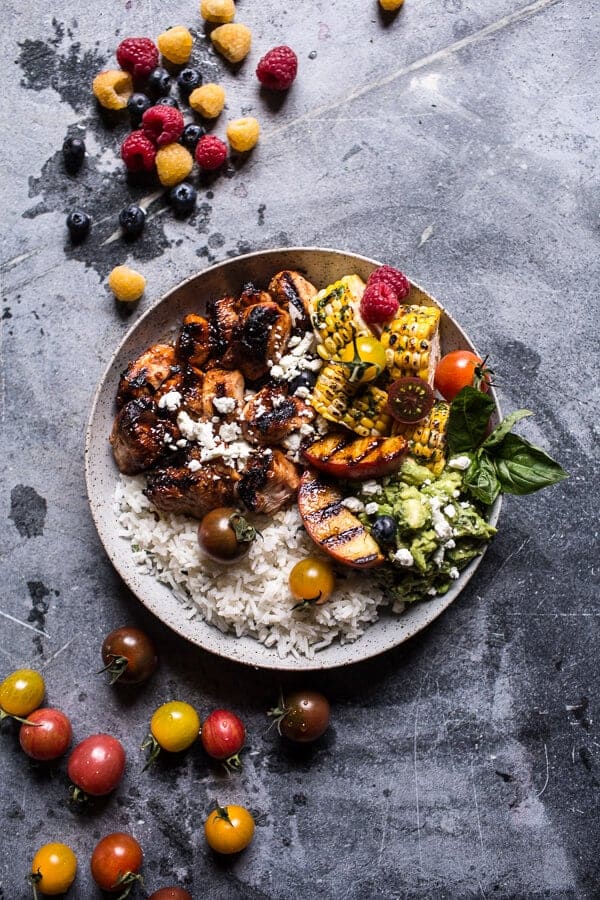 BBQ Chicken and Grilled Corn Rice Bowls with Berry Smashed Avocado | halfbakedharvest.com @hbharvest