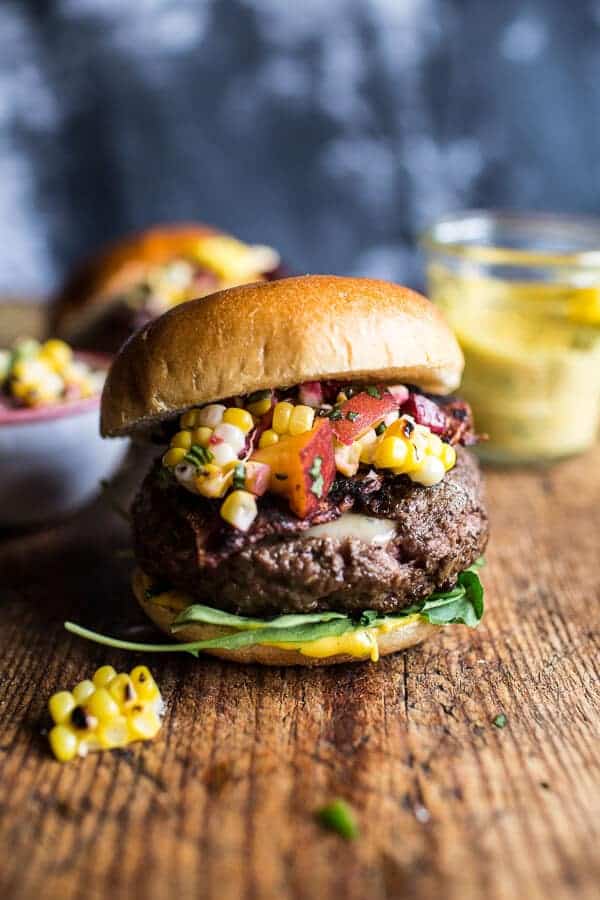 Brie Stuffed Burgers with Sweet Chili Corn Salsa | halfbakedharvest.com @hbharvest