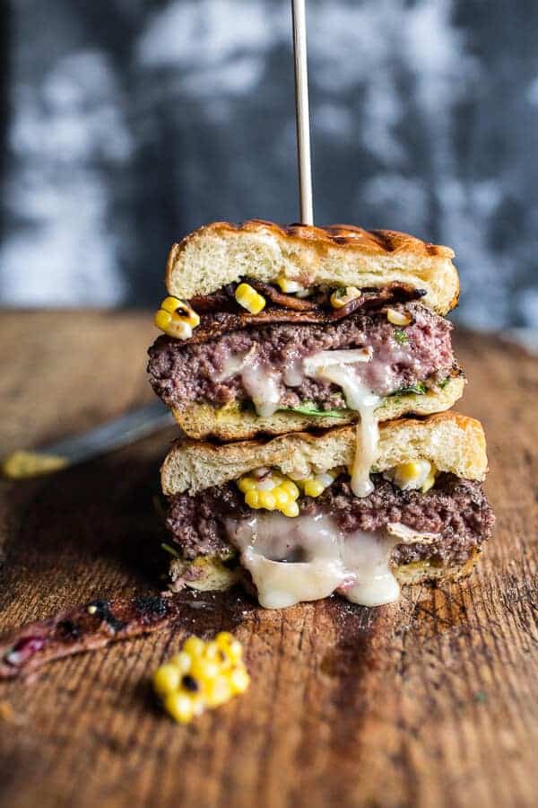 Brie Stuffed Burgers with Sweet Chili Corn Salsa | halfbakedharvest.com @hbharvest
