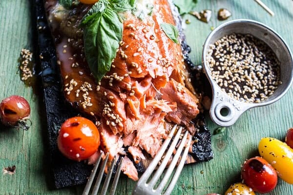 Cedar Plank Grilled Sesame Salmon with Kimchi Miso Butter and Grilled Tomatoes | halfbakedharvest.com @hbharvest