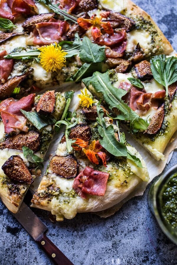Dandelion Green Pesto, Fresh Fig and Gorgonzola Pizza with Prosciutto | halfbakedharvest.com @hbharvest
