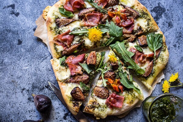 Dandelion Green Pesto, Fresh Fig and Gorgonzola Pizza with Prosciutto | halfbakedharvest.com @hbharvest