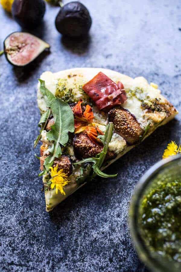 Dandelion Green Pesto, Fresh Fig and Gorgonzola Pizza with Prosciutto | halfbakedharvest.com @hbharvest
