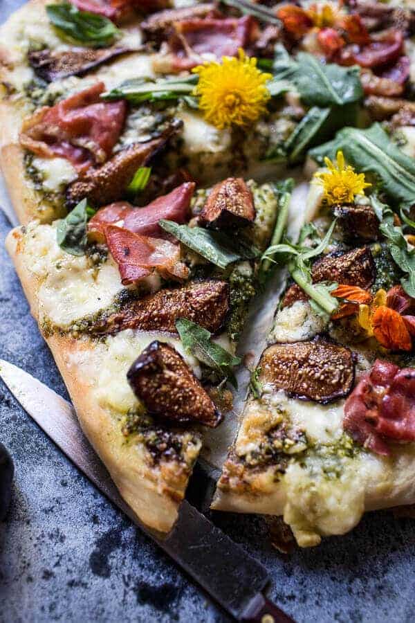 Dandelion Green Pesto, Fresh Fig and Gorgonzola Pizza with Prosciutto | halfbakedharvest.com @hbharvest