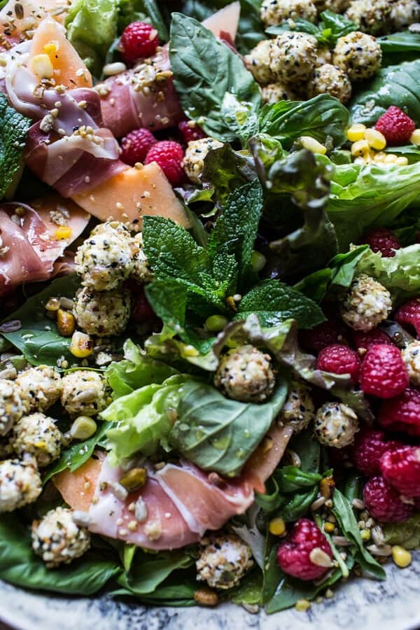 Fresh Basil Salad with Prosciutto Wrapped Mellon and Toasted Seed Rolled Goat Cheese | halfbakedharvest.com @hbharvest