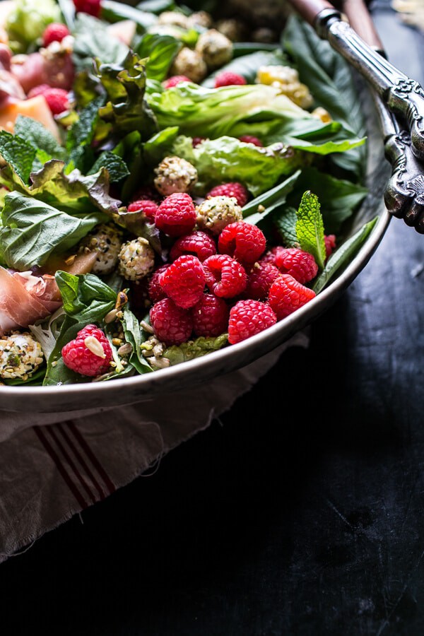 Fresh Basil Salad with Prosciutto Wrapped Mellon and Toasted Seed Rolled Goat Cheese | halfbakedharvest.com @hbharvest